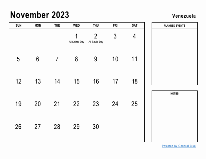 November 2023 Printable Monthly Calendar with Venezuela Holidays