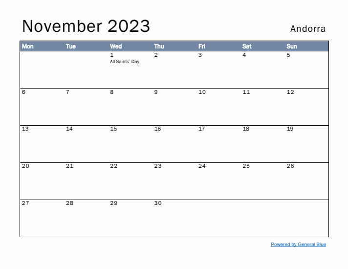 November 2023 Simple Monthly Calendar for Andorra