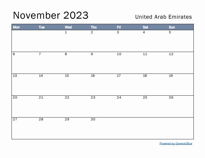 November 2023 Simple Monthly Calendar for United Arab Emirates