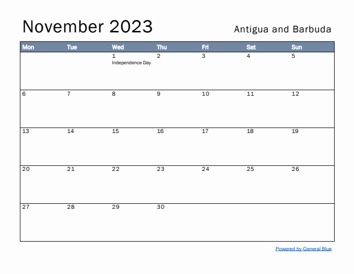 November 2023 Simple Monthly Calendar for Antigua and Barbuda