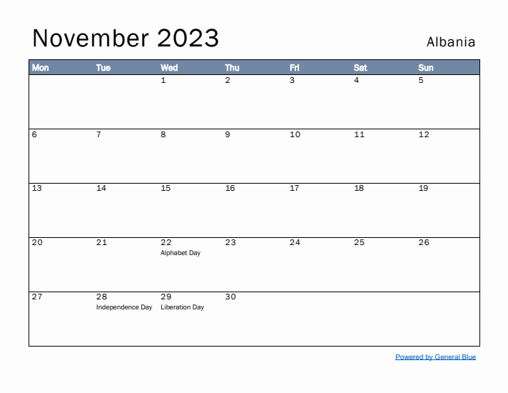 November 2023 Simple Monthly Calendar for Albania