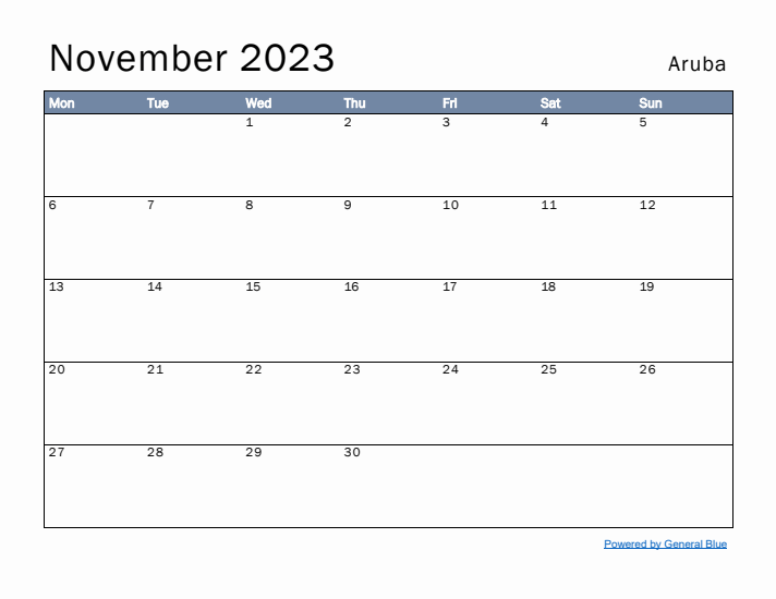 November 2023 Simple Monthly Calendar for Aruba