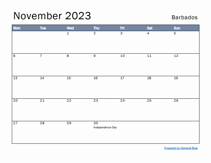 November 2023 Simple Monthly Calendar for Barbados