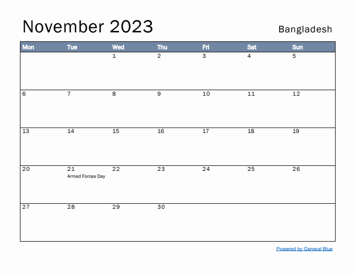 November 2023 Simple Monthly Calendar for Bangladesh