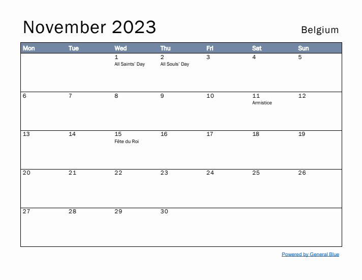 November 2023 Simple Monthly Calendar for Belgium