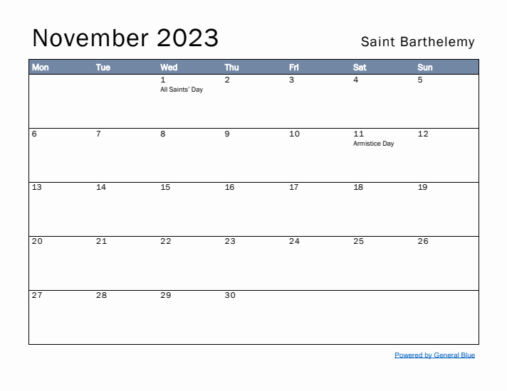 November 2023 Simple Monthly Calendar for Saint Barthelemy