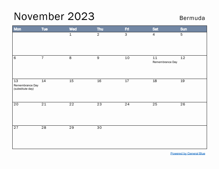 November 2023 Simple Monthly Calendar for Bermuda