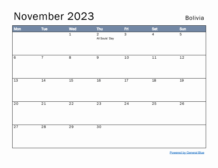 November 2023 Simple Monthly Calendar for Bolivia