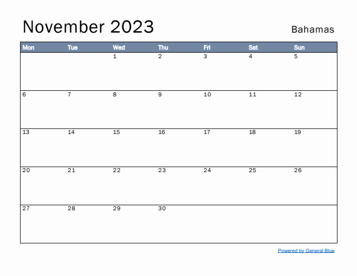 November 2023 Simple Monthly Calendar for Bahamas