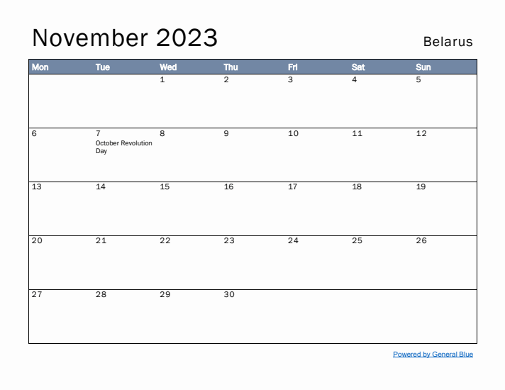 November 2023 Simple Monthly Calendar for Belarus