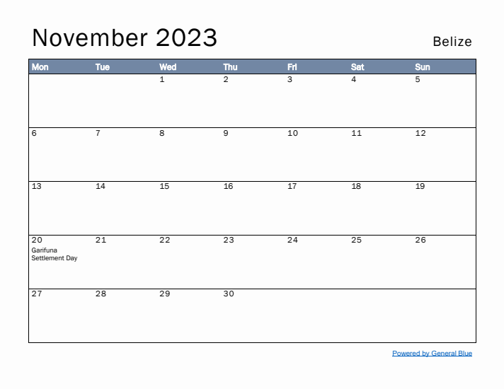 November 2023 Simple Monthly Calendar for Belize