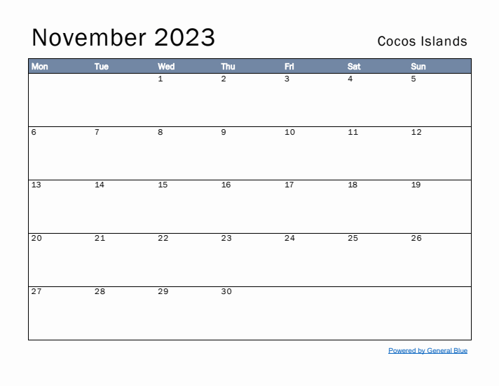 November 2023 Simple Monthly Calendar for Cocos Islands