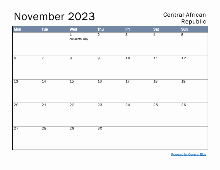 November 2023 Simple Monthly Calendar for Central African Republic