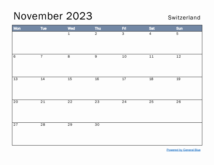 November 2023 Simple Monthly Calendar for Switzerland