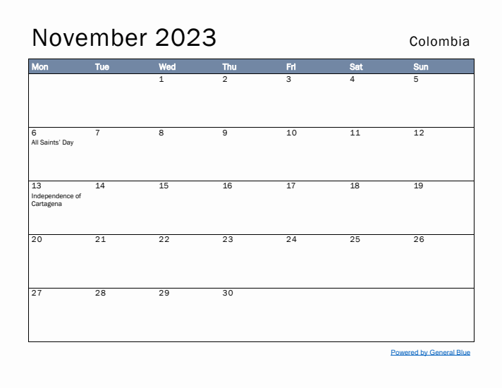 November 2023 Simple Monthly Calendar for Colombia