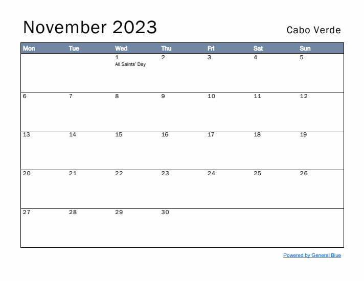 November 2023 Simple Monthly Calendar for Cabo Verde