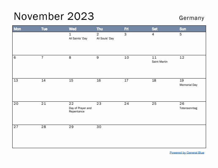 November 2023 Simple Monthly Calendar for Germany