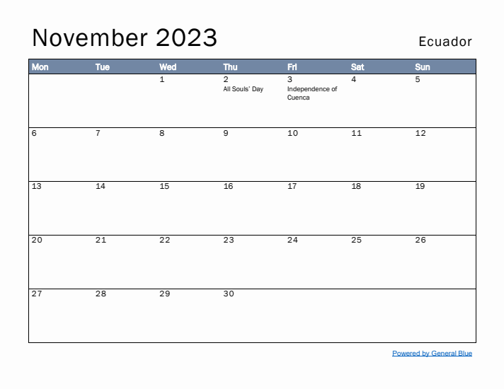 November 2023 Simple Monthly Calendar for Ecuador