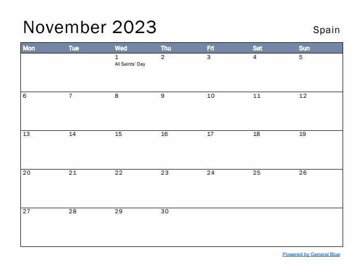 November 2023 Simple Monthly Calendar for Spain