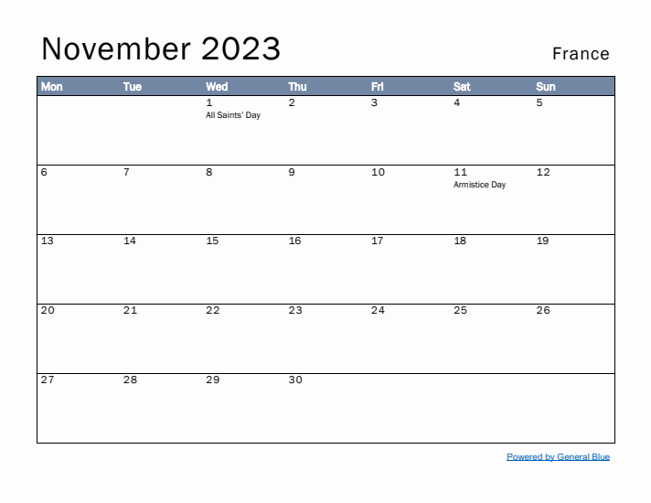 November 2023 Simple Monthly Calendar for France