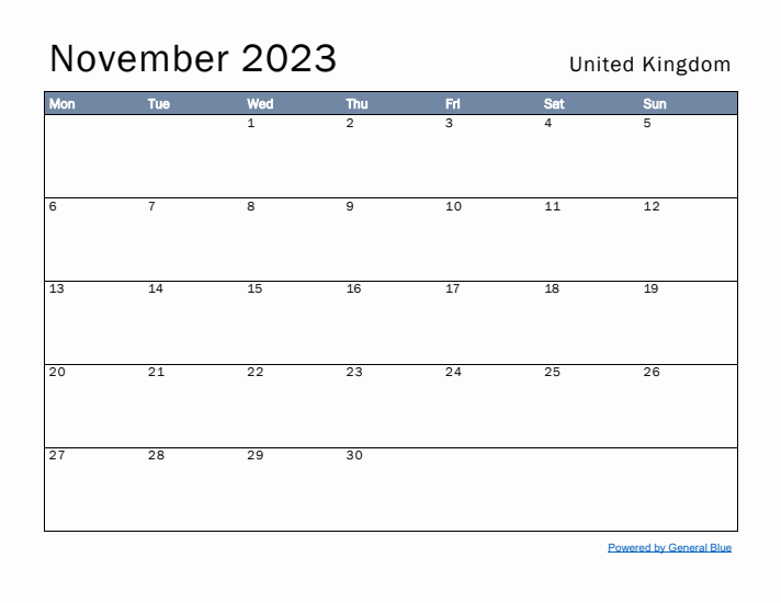 November 2023 Simple Monthly Calendar for United Kingdom