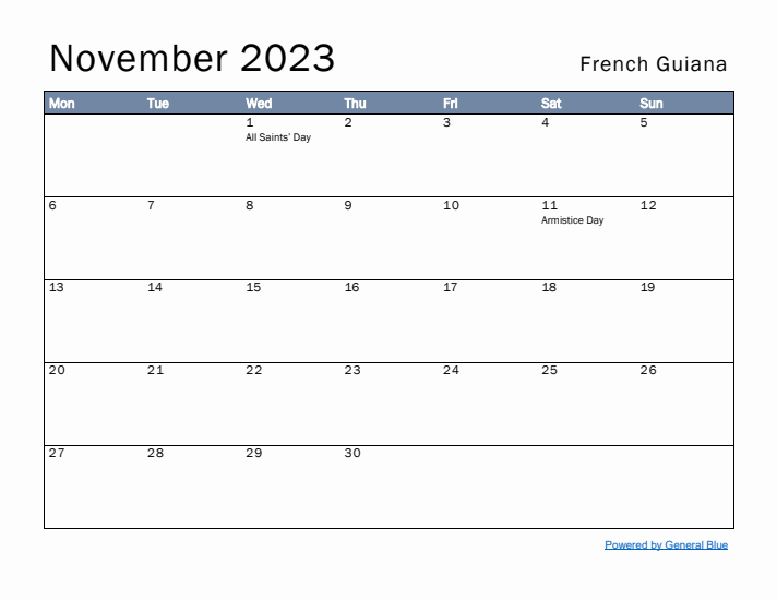 November 2023 Simple Monthly Calendar for French Guiana