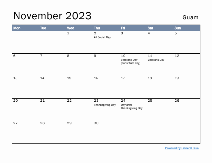 November 2023 Simple Monthly Calendar for Guam