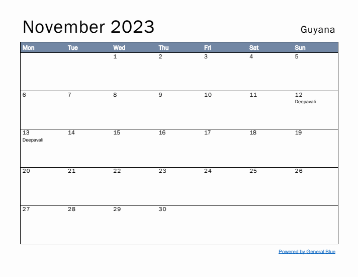 November 2023 Simple Monthly Calendar for Guyana