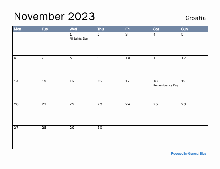 November 2023 Simple Monthly Calendar for Croatia