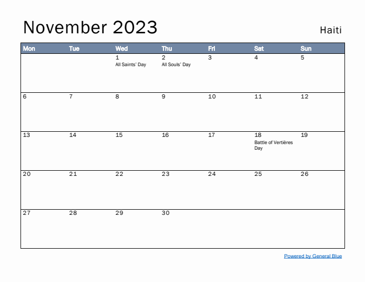 November 2023 Simple Monthly Calendar for Haiti