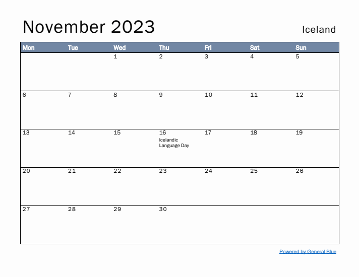 November 2023 Simple Monthly Calendar for Iceland