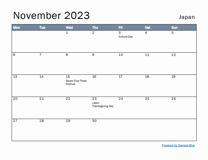 November 2023 Simple Monthly Calendar for Japan