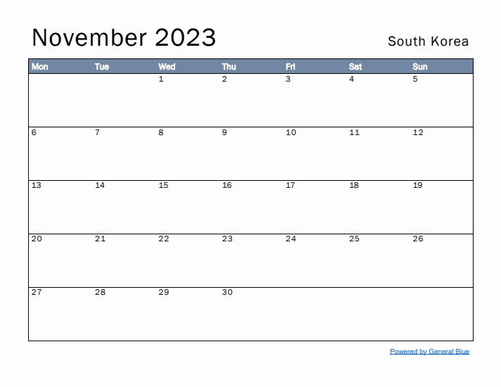 November 2023 Simple Monthly Calendar for South Korea