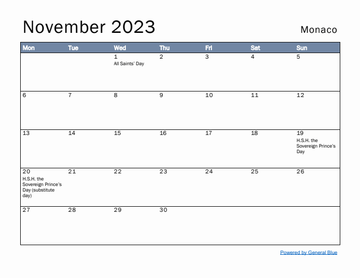 November 2023 Simple Monthly Calendar for Monaco