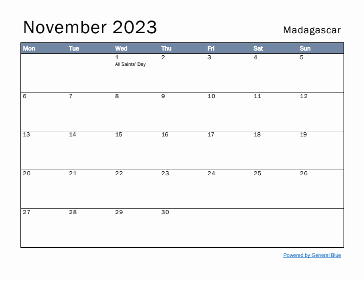 November 2023 Simple Monthly Calendar for Madagascar