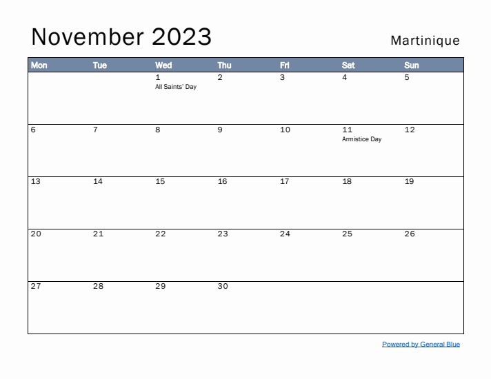 November 2023 Simple Monthly Calendar for Martinique