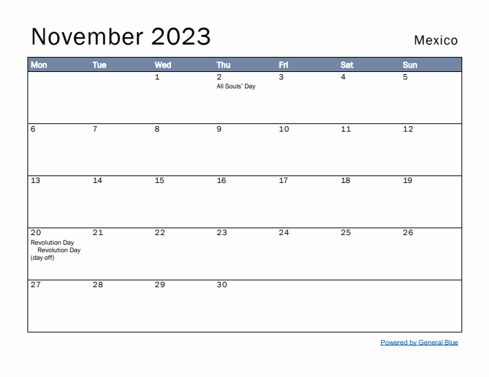 November 2023 Simple Monthly Calendar for Mexico