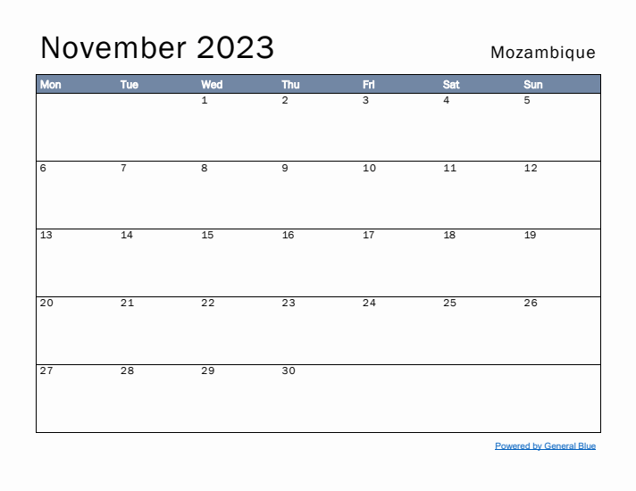 November 2023 Simple Monthly Calendar for Mozambique