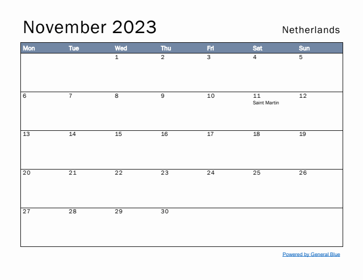 November 2023 Simple Monthly Calendar for The Netherlands