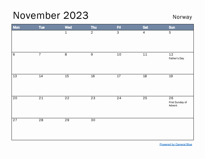 November 2023 Simple Monthly Calendar for Norway