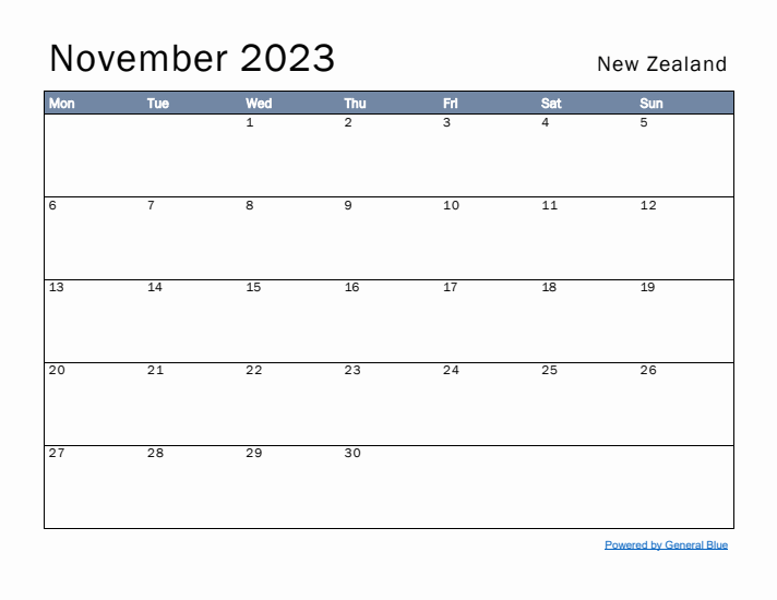 November 2023 Simple Monthly Calendar for New Zealand