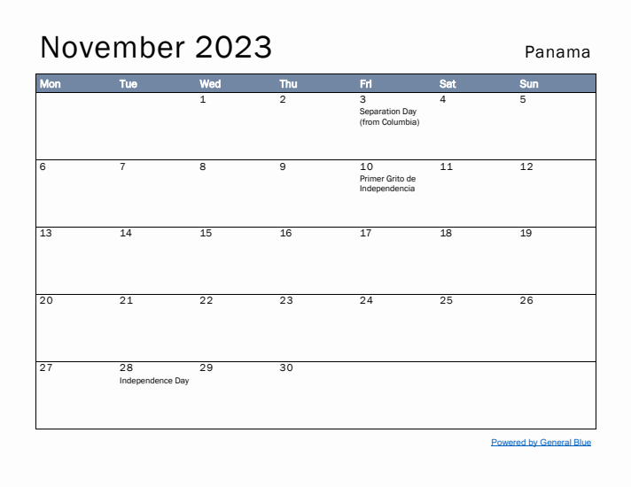 November 2023 Simple Monthly Calendar for Panama