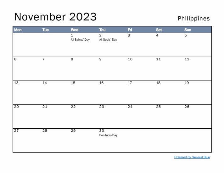 November 2023 Simple Monthly Calendar for Philippines