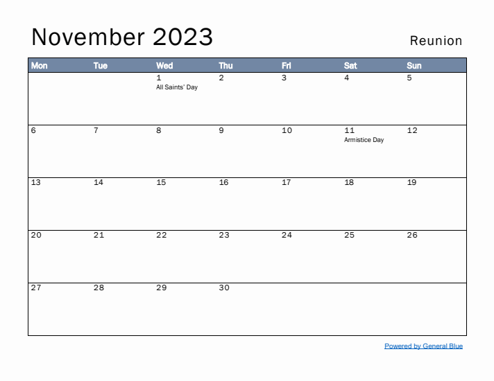 November 2023 Simple Monthly Calendar for Reunion