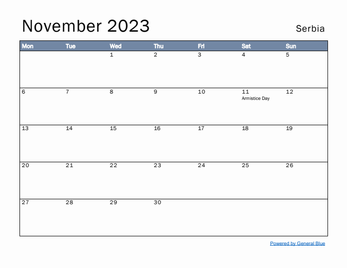 November 2023 Simple Monthly Calendar for Serbia