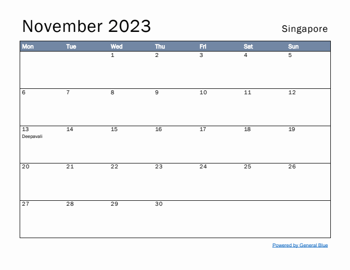 November 2023 Simple Monthly Calendar for Singapore