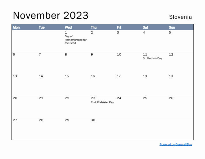 November 2023 Simple Monthly Calendar for Slovenia