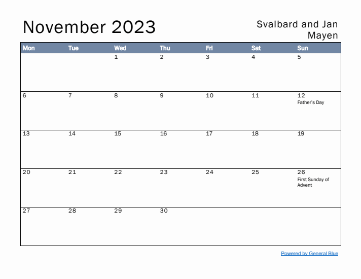 November 2023 Simple Monthly Calendar for Svalbard and Jan Mayen