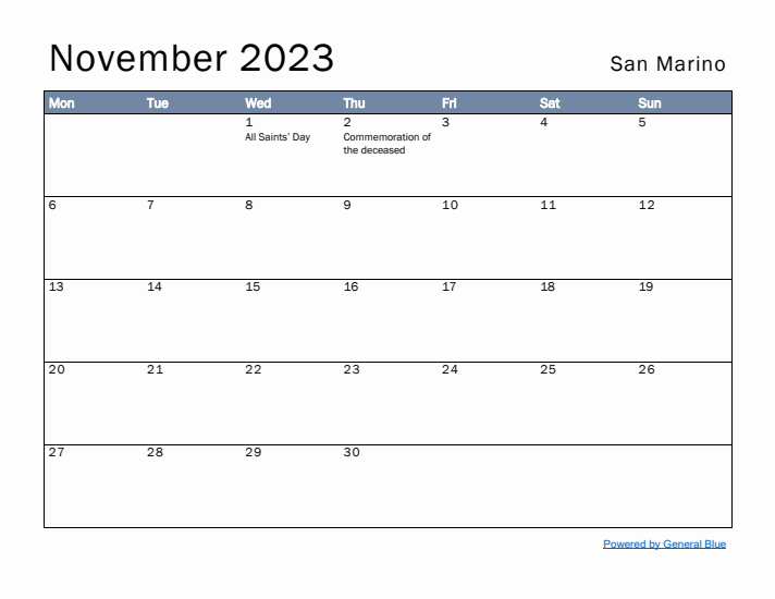 November 2023 Simple Monthly Calendar for San Marino