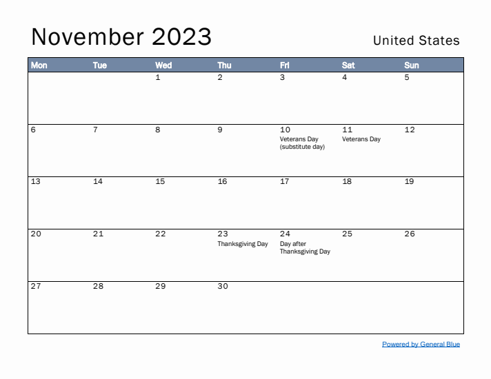 November 2023 Simple Monthly Calendar for United States